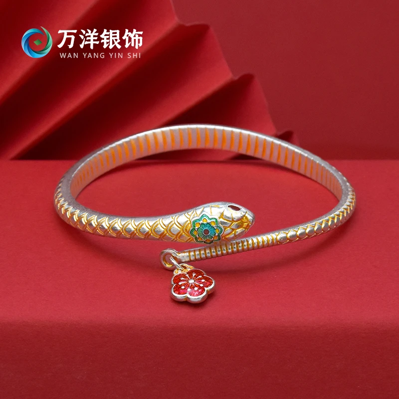 足银手镯 足银9999灵蛇手镯描金珐琅蛇年时尚气质个性轻奢开口镯