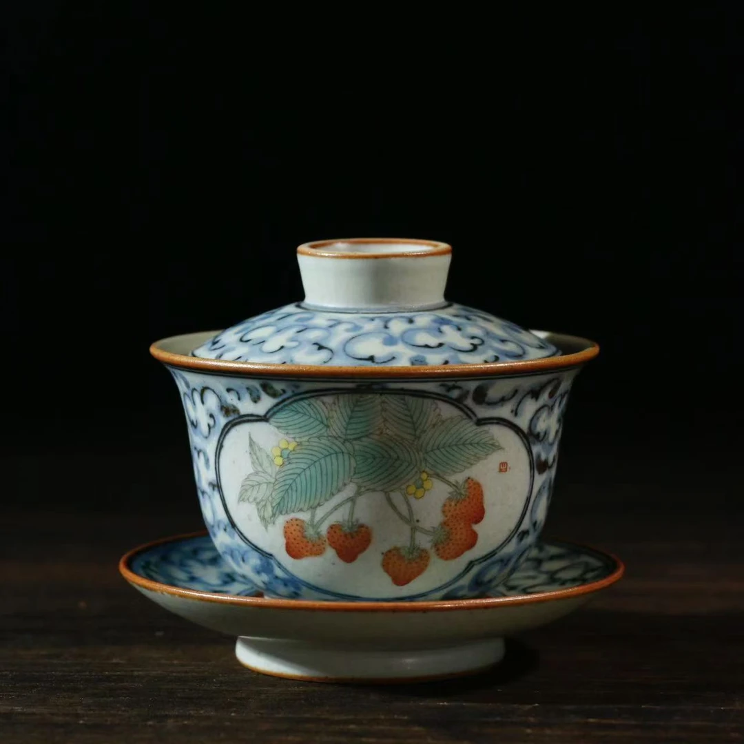 【包包爱茶器】朴云堂开窗三彩草莓盖碗复古家用陶瓷大容量纯手工