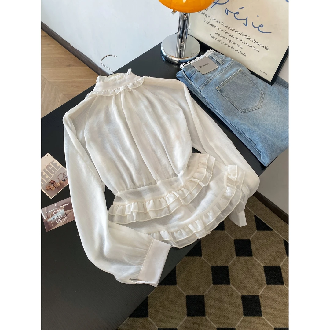 2025秋季法式宫廷风立领长袖衬衫木耳边修身衬衣温柔风收腰上衣