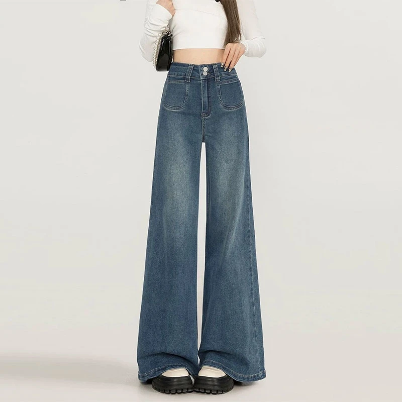 大码定制弹力微喇高腰直筒牛仔裤女宽松阔腿显瘦百搭2025春季新款