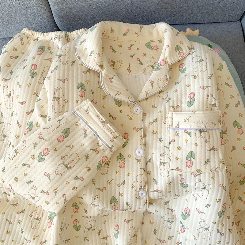 奶呼呼网红睡衣女款秋冬季长袖空气棉夹层加厚甜美少女家居服套装