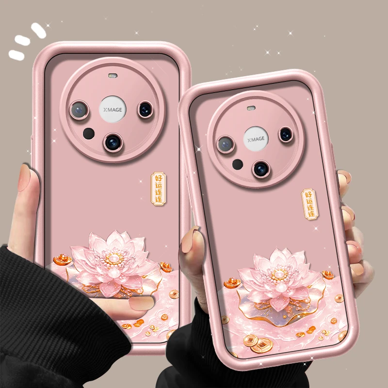 适用华为mate60pro手机壳荷花连连金漆天眼阶梯硅胶防摔保护套女