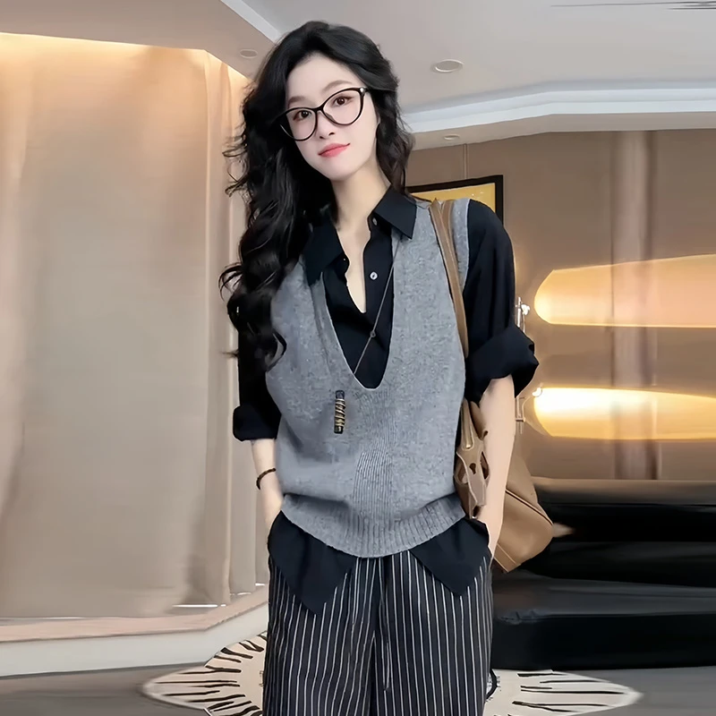 V领百搭针织衫马甲宽松遮肉Polo领长袖衬衫女2025秋季新款两件套