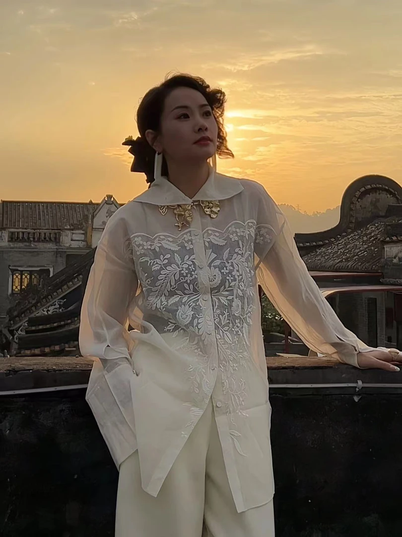 【现货专场】【花晨月夕】大翻领衬衫女纯色高级感新中式透衬衣86244