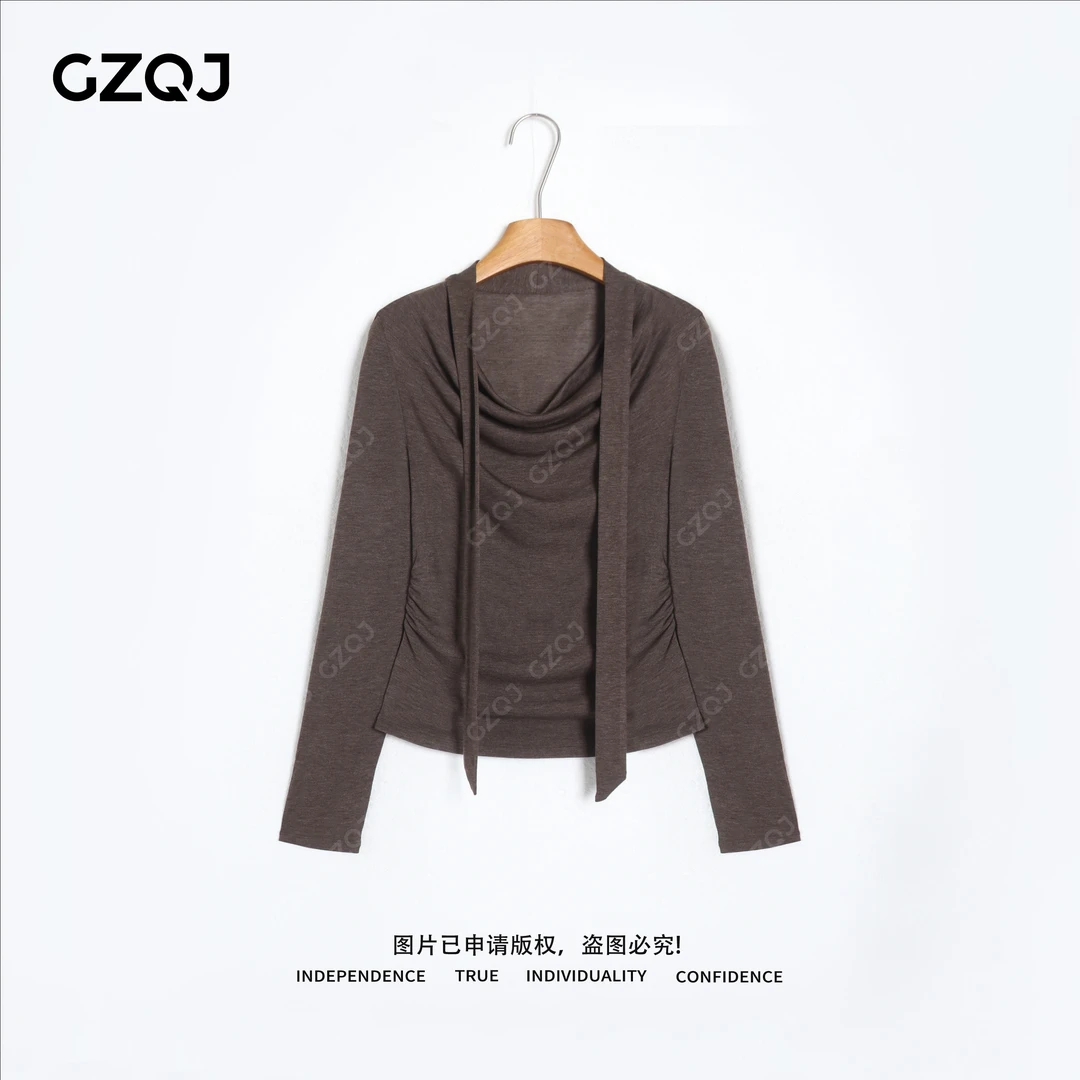 老琴私服【百变女郎】琥珀流光风大浪领飘带修身显瘦长袖T恤女72587