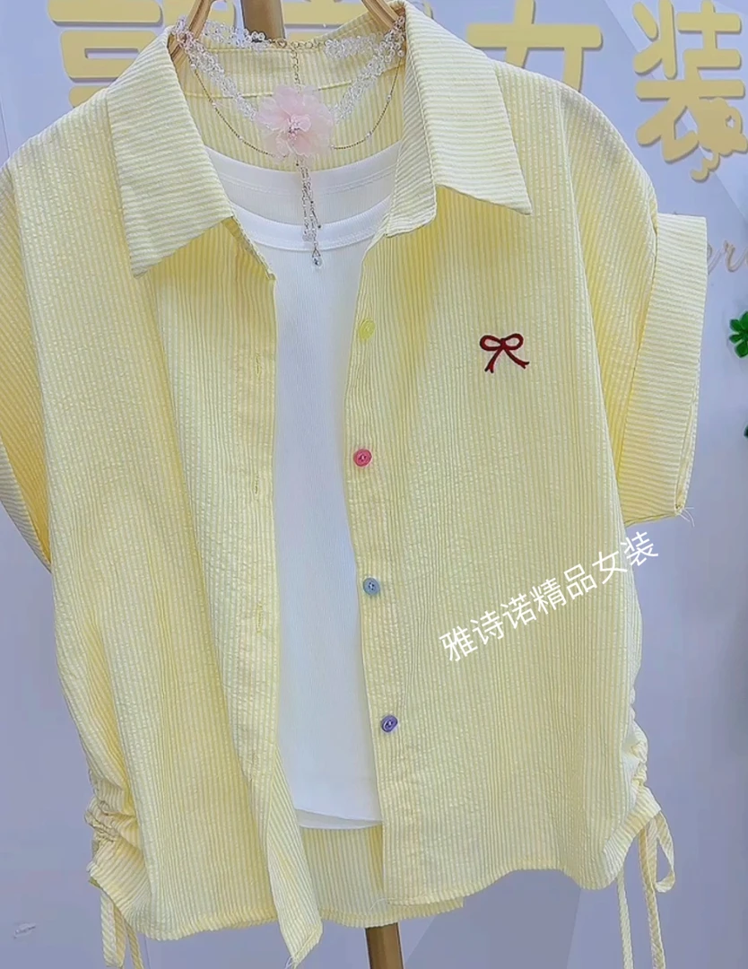 短袖韩版衬衣时尚条纹宽松百搭衬衫夏装宽松型短款纯色夏季