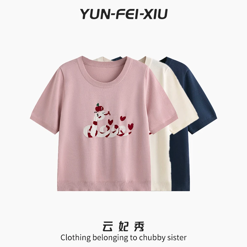 云妃秀大码女装T恤圆领休闲小蛇针织时尚宽松显瘦微胖上衣春22892