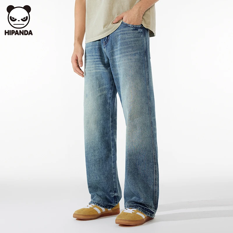 HiPanda牛仔裤水洗猫须磨白穿搭宽松直筒版型男裤子阔腿裤男生