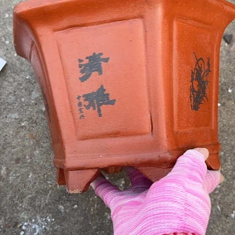 紫砂25红清雅六方花盆花盆