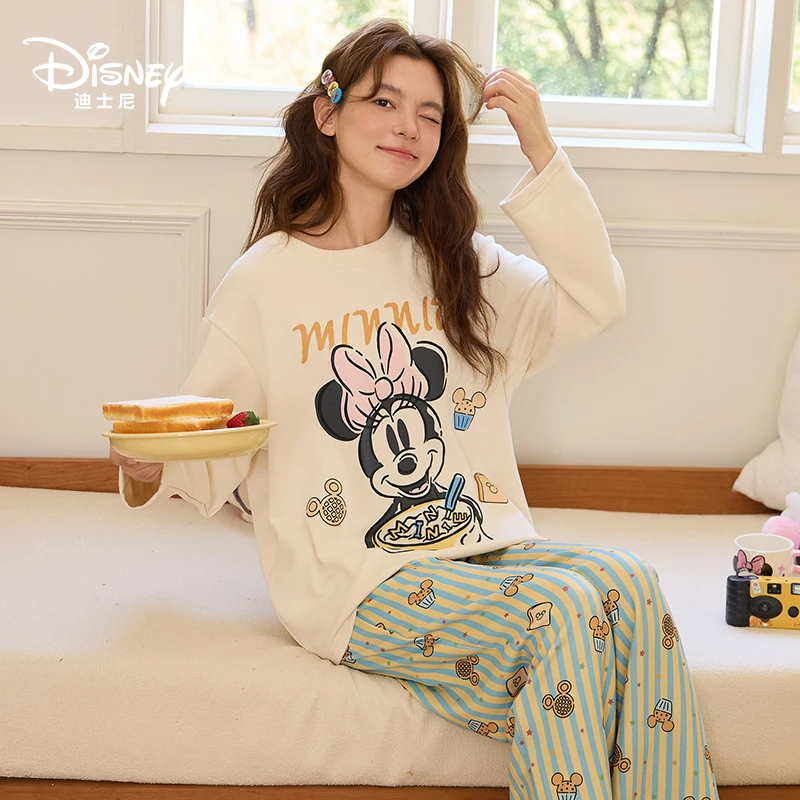 Disney迪士尼羊绒蚕丝秋冬圆领长袖长裤带胸垫休闲舒适家居服0212