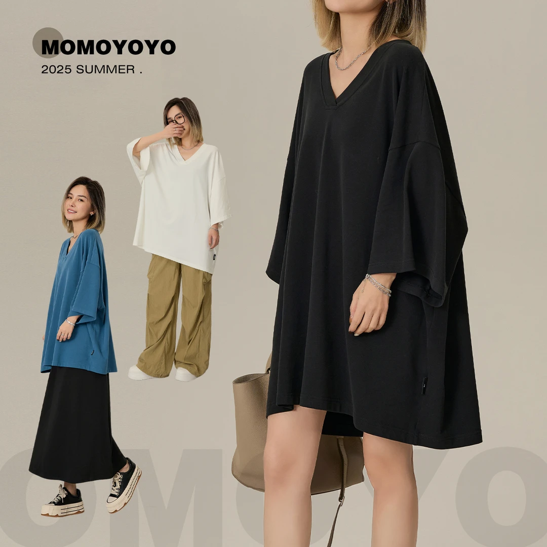 辰辰妈【港姐】夏季休闲落肩袖宽松显瘦遮肉露锁骨长款上衣7700DM