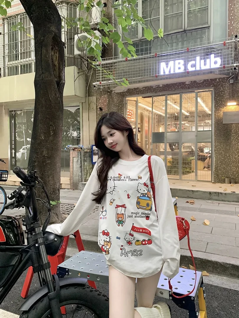 KT甜美印花圆领长袖T恤女夏薄款宽松防晒罩衫白色中长款打底上衣3