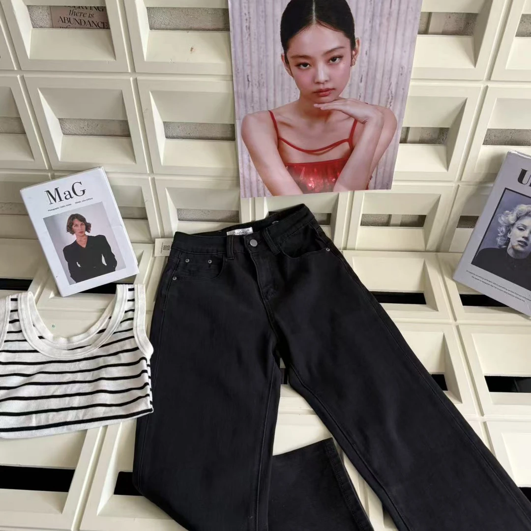 『雨美 Show』6908黑色时尚百搭直筒烟管裤