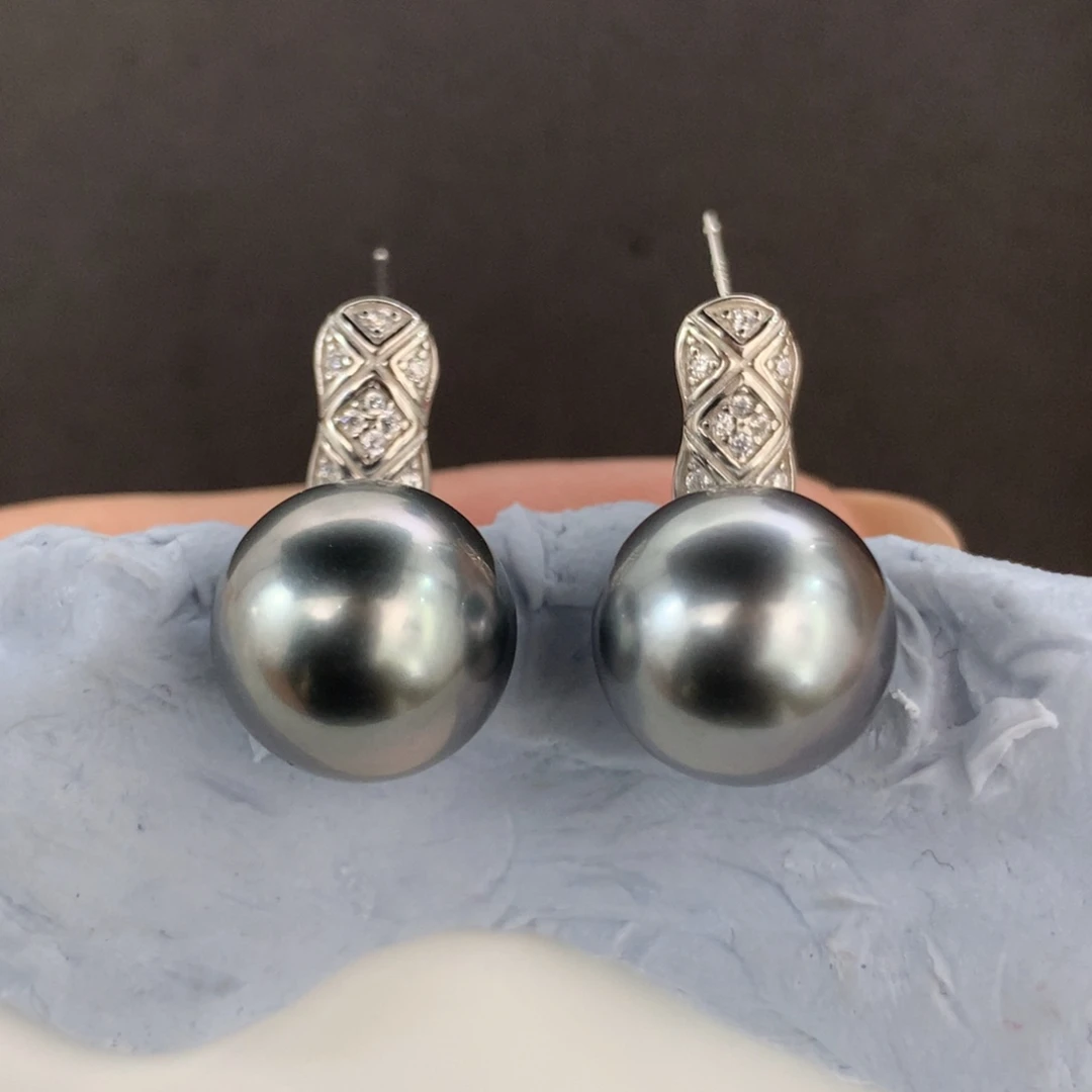 定制海水珍珠银S925镶嵌耳饰大溪地黑灰色11-12mm正圆