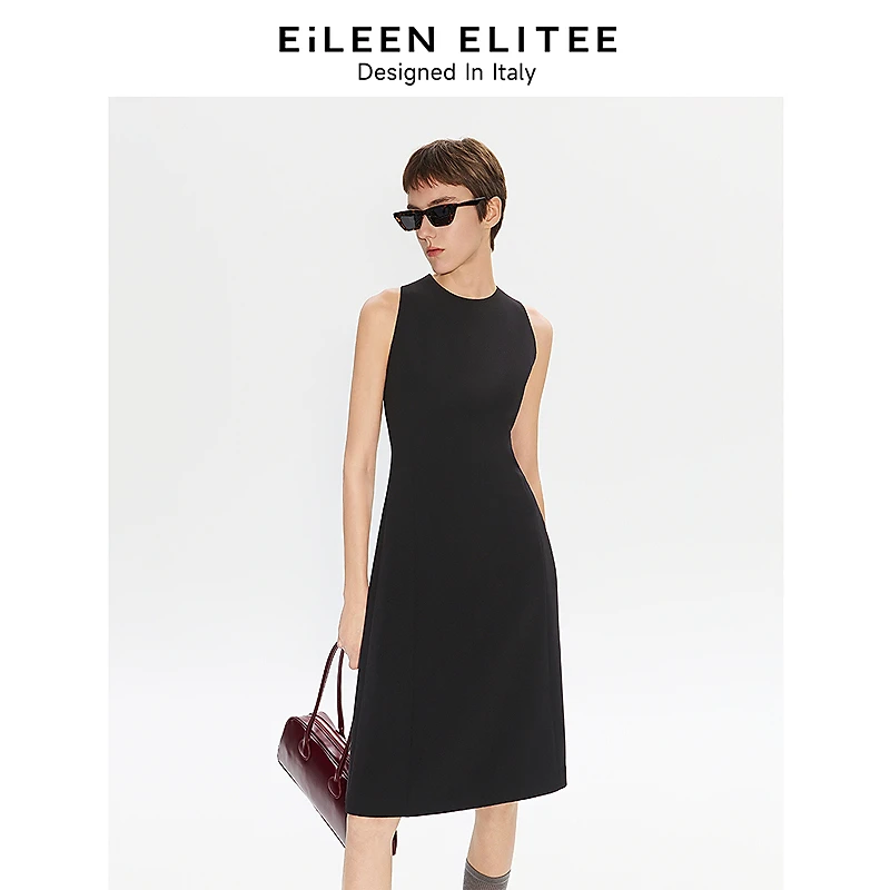 朗姿欧洲EiLEEN ELITEE黑色无袖收腰连衣裙2025年夏季新款通勤裙
