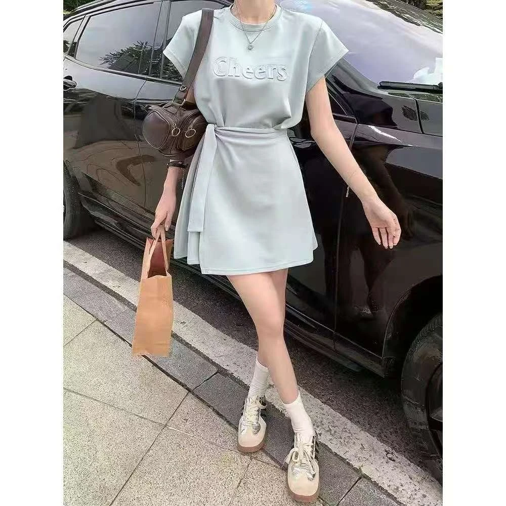 夏季新款立体字母圆领短袖连衣裙女韩版收腰绑带超好看裙子2029