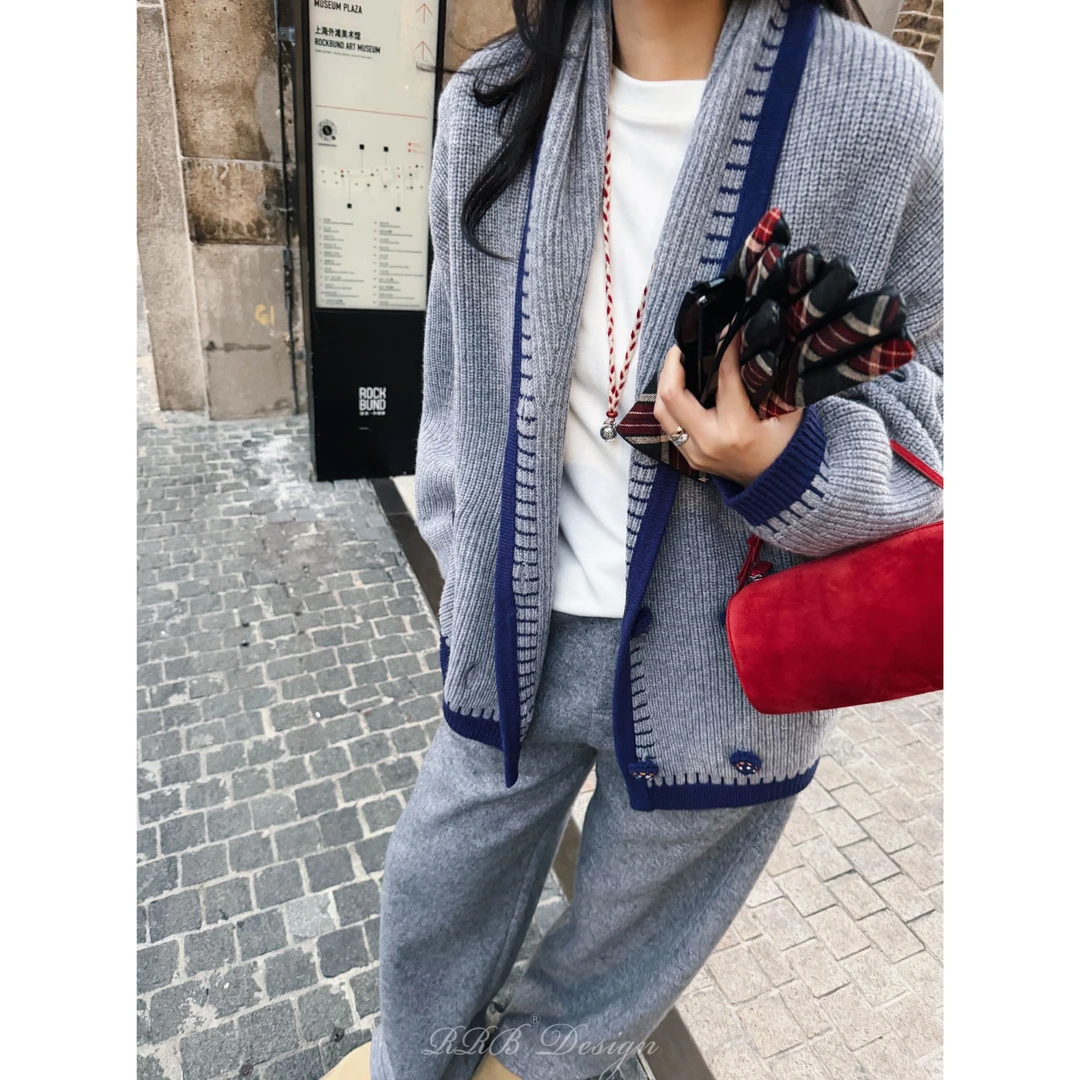 RRB Design 100%羊毛慵懒高级轻奢撞色秋冬时尚针织开衫外套