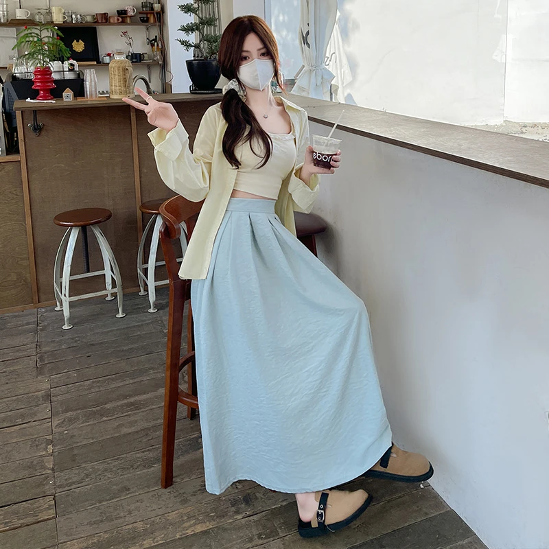 蓝色奶芙裙女半身裙夏季2025年新款高腰a字芭蕾风气质蓬蓬长裙A字
