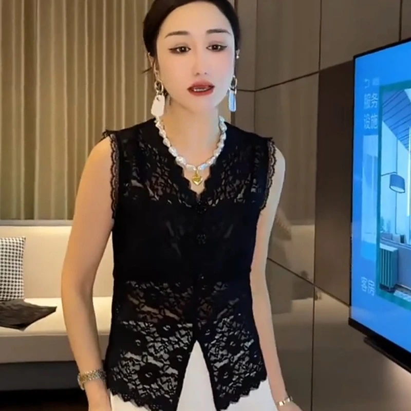 时尚V领镂空蕾丝吊带背心女韩版修身显瘦开叉性感无袖上衣小衫T恤