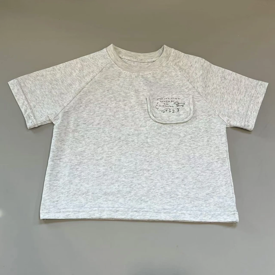 小韩果豆儿童韩版夏季新款花灰色小口袋短袖t