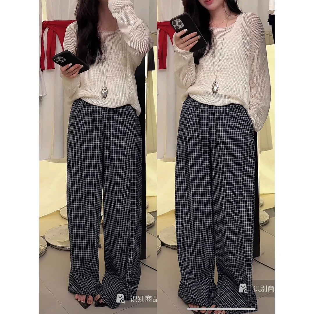 25811-1#KAPOK#“吸氧神裤”撞色松紧腰宽松慵懒格子直筒裤（福利）