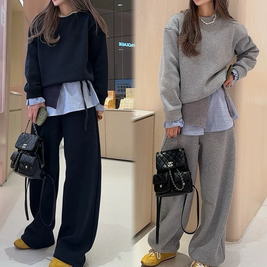 新款设计感拼接假两件卫衣休闲风显瘦屁帘阔腿裤休闲套装