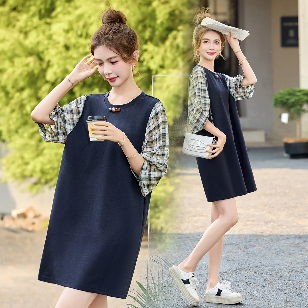 连衣裙显瘦洋气时尚夏季宽松中长款减龄休闲拼接假两件遮肚裙子