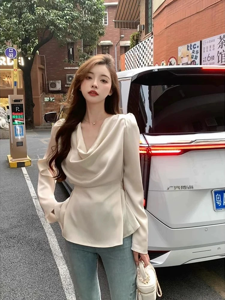 高端流光缎面喇叭袖衬衫女春秋堆叠感荡领衬衣设计感绑带收腰上衣