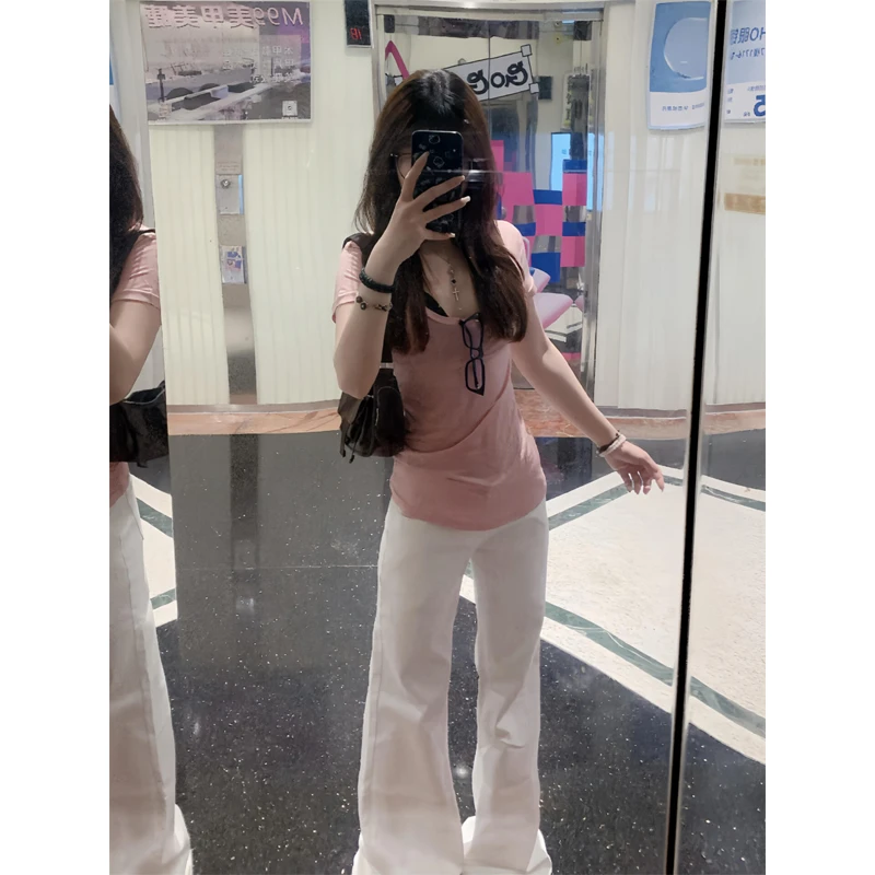 纯欲风粉色心机V领短袖t恤上衣vibe复古牛仔裤喇叭裤垂感阔腿裤女
