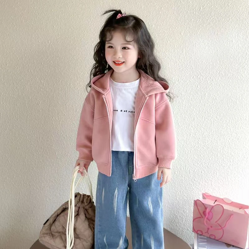 女童外套春秋季儿童开衫休闲纯色连帽卫衣2025女宝宝时髦潮流上衣