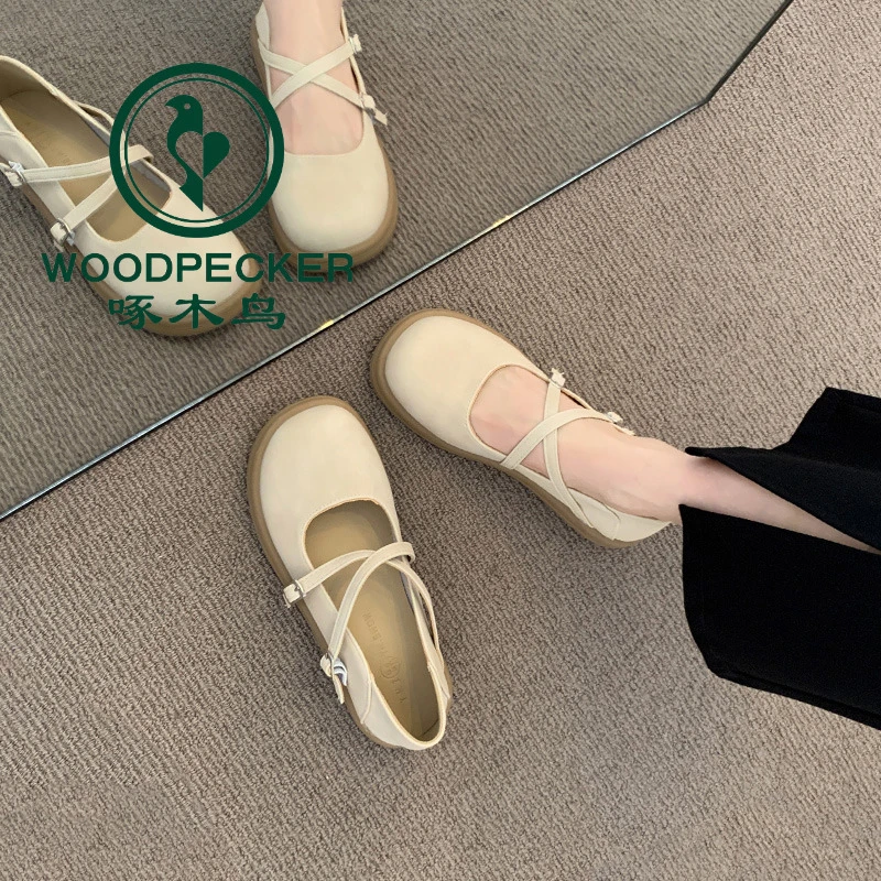 啄木鸟玛丽珍小皮鞋女2025新款春夏季一脚蹬晚晚鞋配裙子平底单鞋
