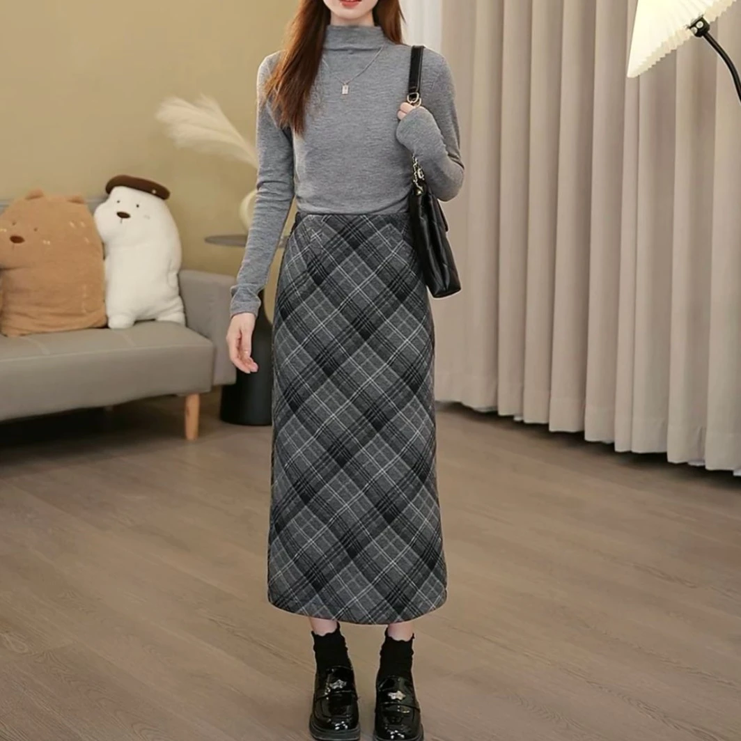 秋冬季加厚小个子中长款半身裙女显瘦气质时尚格子裙格纹