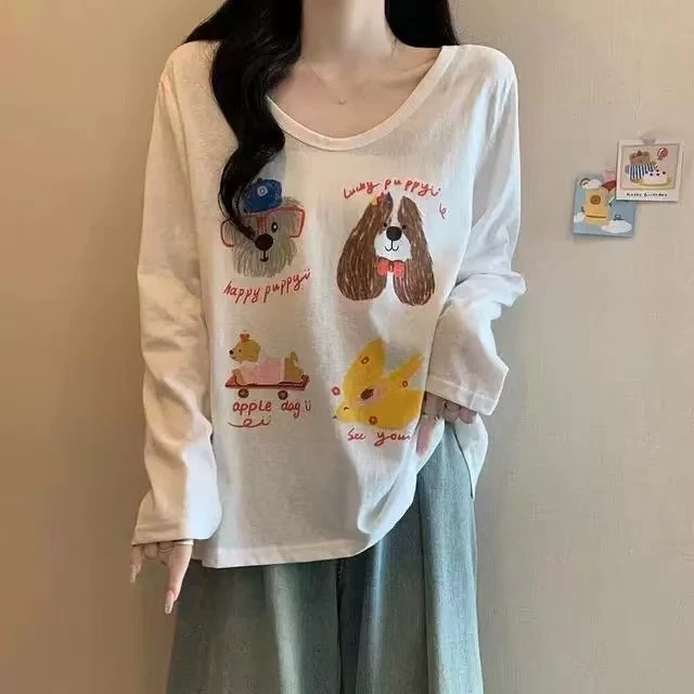 杏色减龄夏季可爱印花春秋季宽松休闲长袖T恤女薄款防晒罩衫卡通