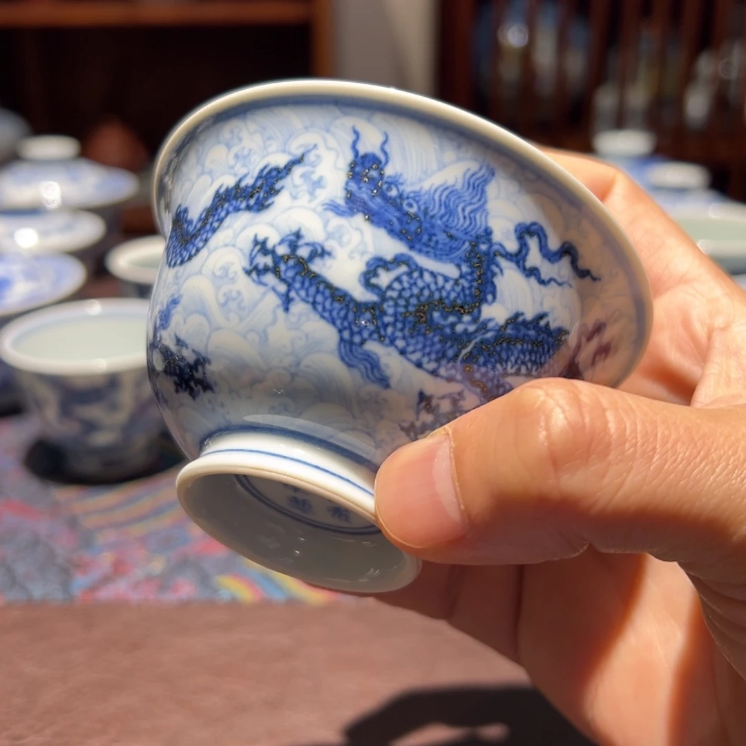 杯青花海水五龙二才盖碗120毫升