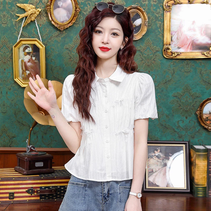 法式甜美短袖衬衫短款衬衣2025夏季新款气质百搭显瘦独特漂亮小衫