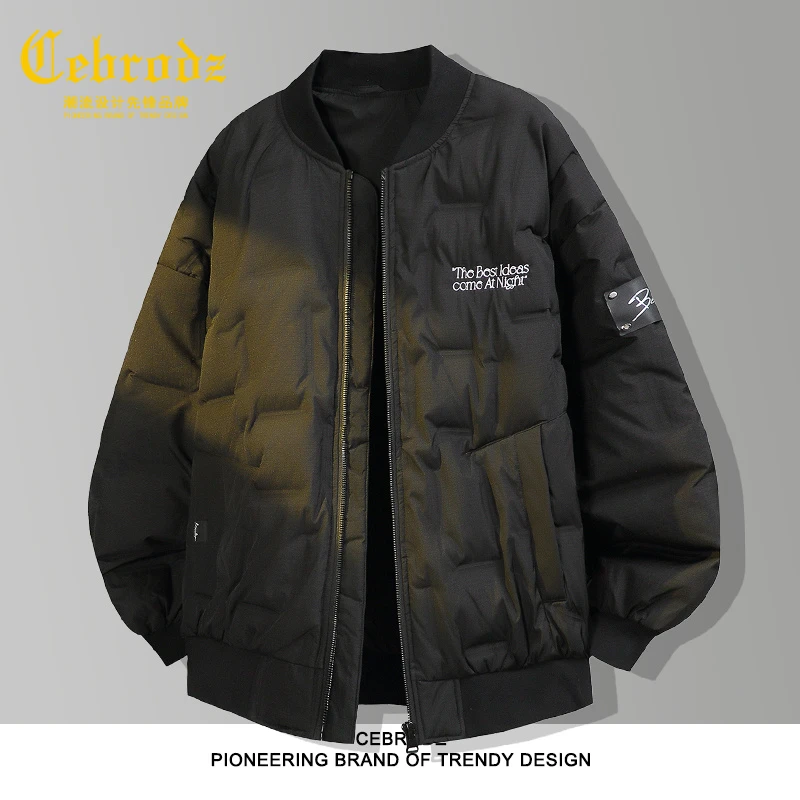 法国Cebrodz刺绣棒球领男羽绒服冬季宽松中老年90白鸭绒外套夹克