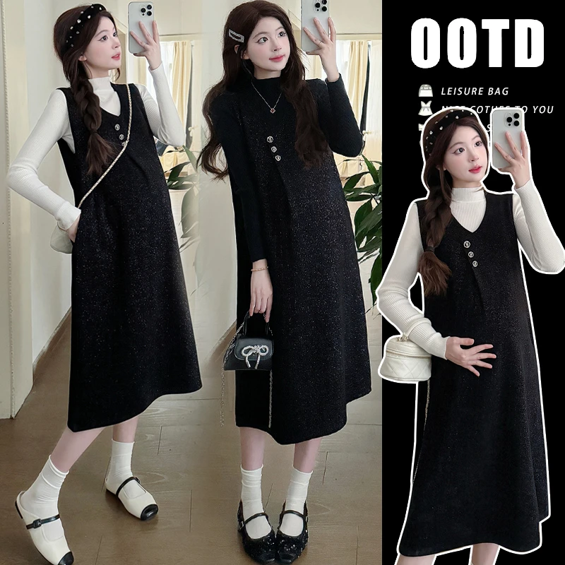 孕妇装时尚套装2025春季新款宽松显瘦黑色无袖背带连衣裙两件套