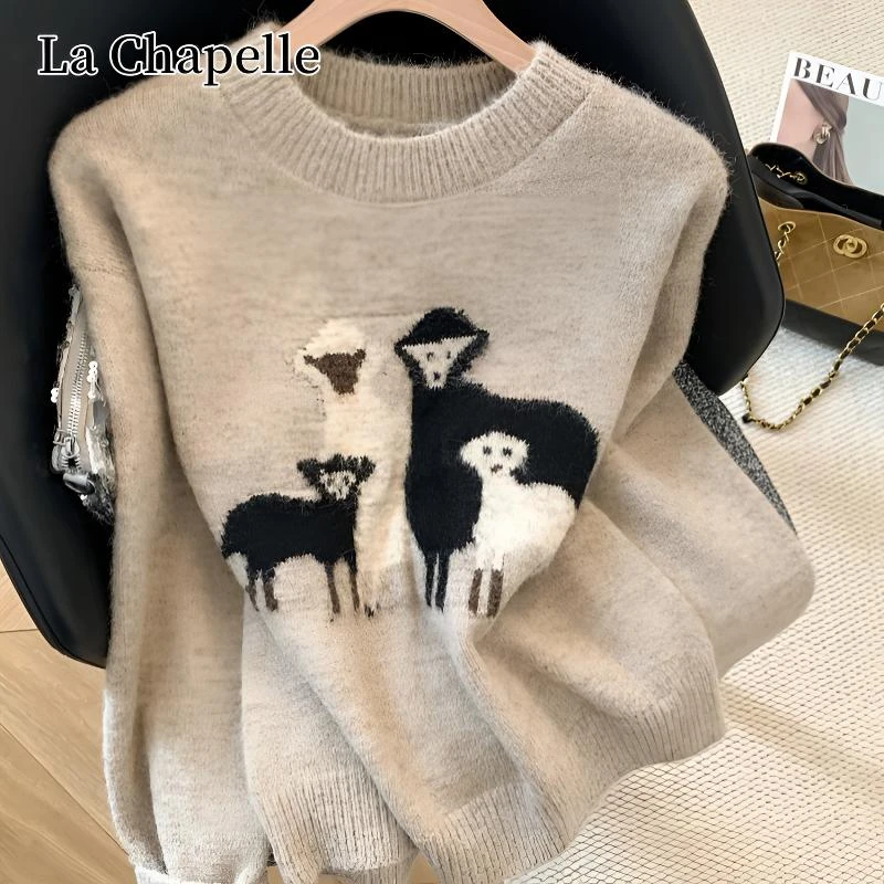 拉夏贝尔时尚复古小羊刺绣毛衣慵懒风宽松软糯洋气打底套头针织衫