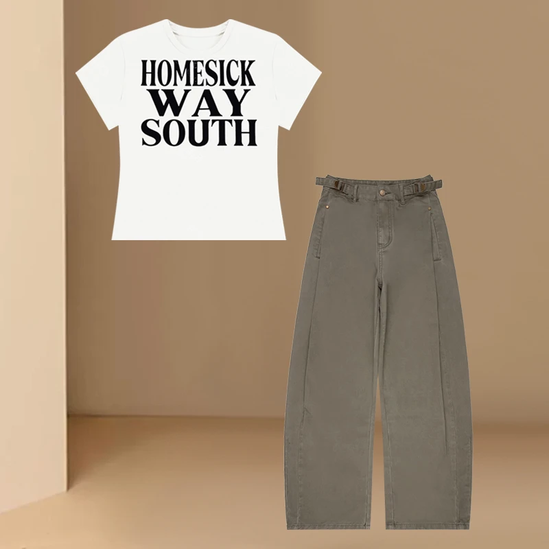 美式甜酷辣妹套装字母印花短袖T恤女装夏季工装复古休闲裤两件套