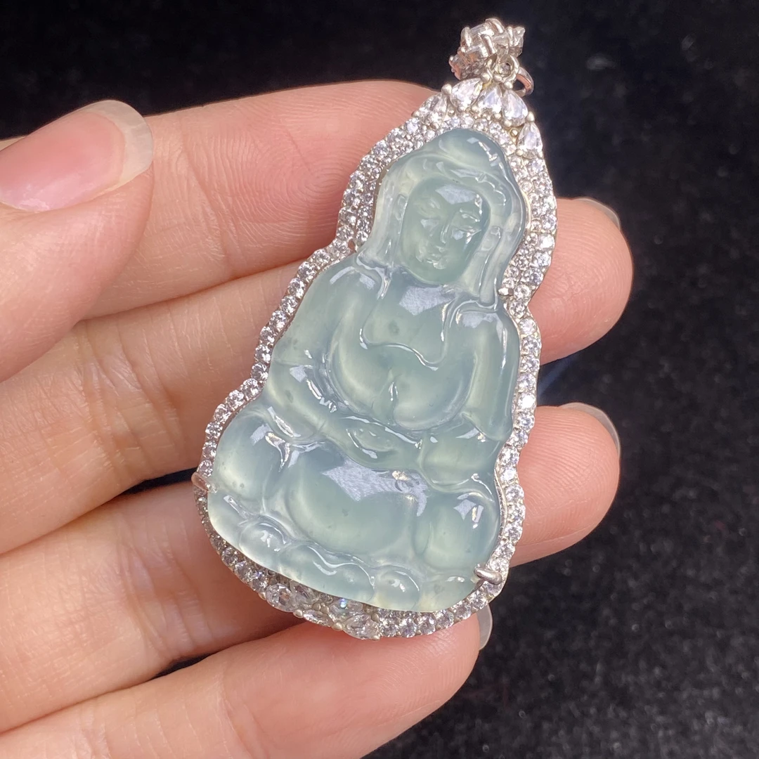 危料专卖天然翡翠A货观音吊坠