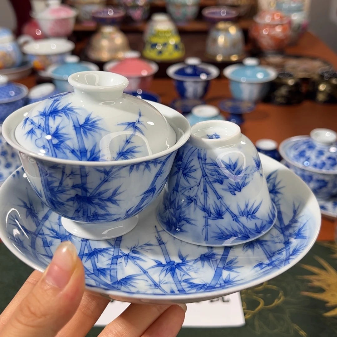 知冬煮雪手工手绘-竹林草堂茶具重工三件套套组