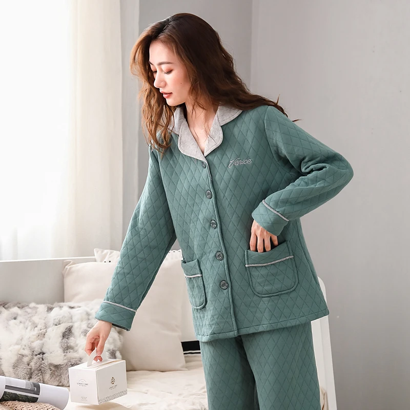 【纯棉夹层】保暖女睡衣秋冬季纯棉冬款开衫夹层加厚长袖家居服套装