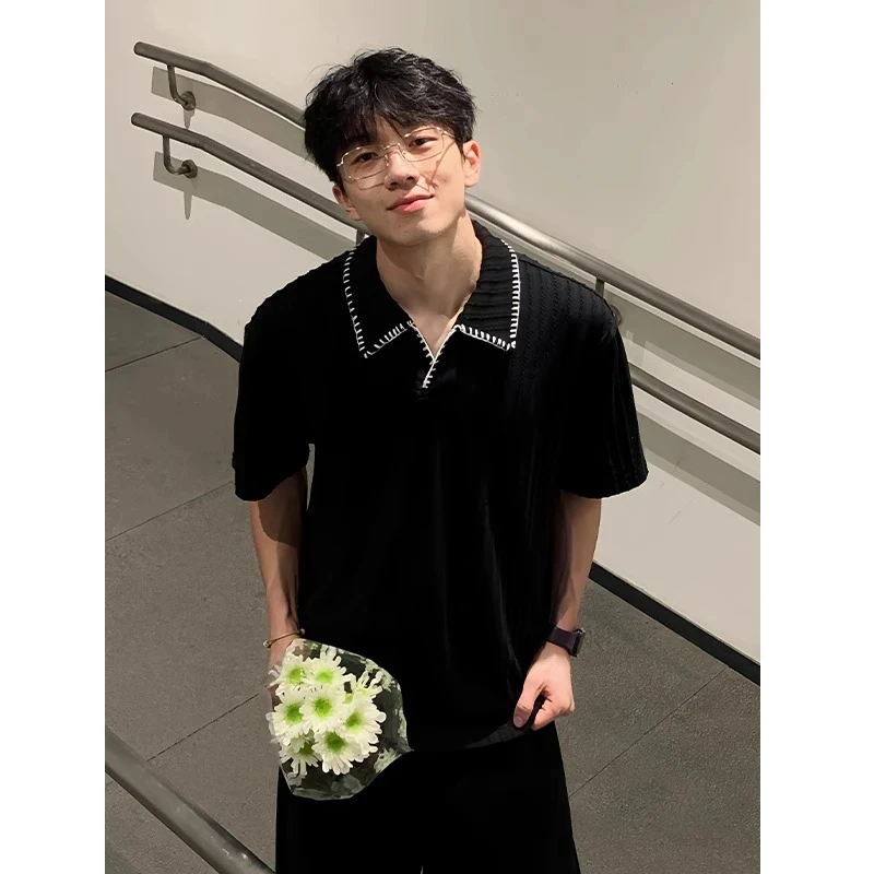 麦穗纹针织短袖polo衫男款夏季高级感条纹翻领t恤设计感小众半袖