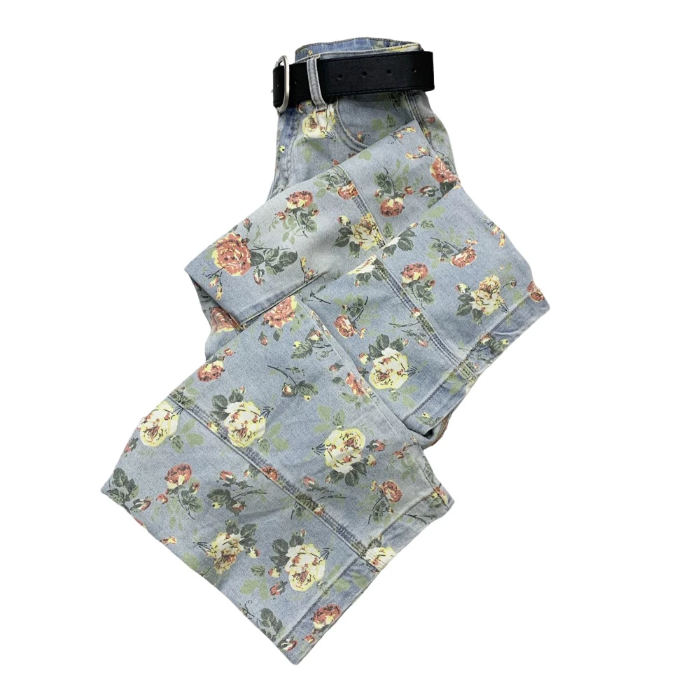 T61282新款重工花色窄版牛仔阔腿拖地裤（带腰带样式随机）