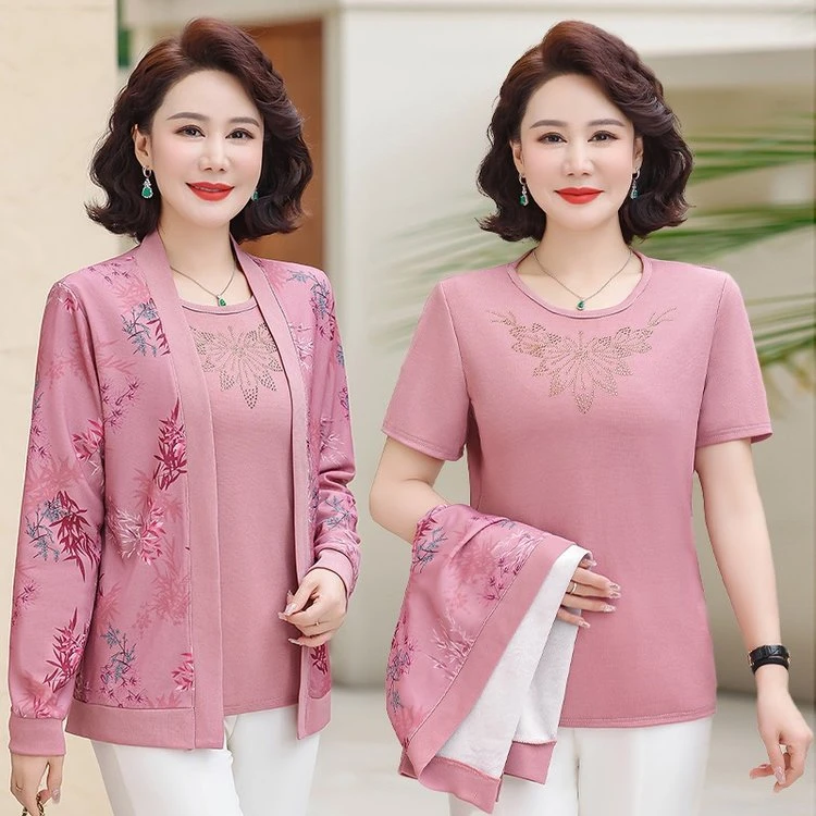 中老年女装春装短袖针织衫开衫妈妈春秋真两件套夏季T恤洋气小衫