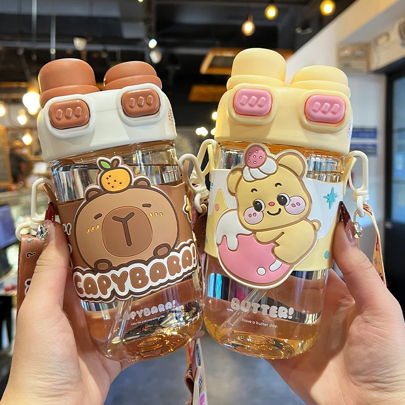 儿童水杯女孩可爱小学生上学专用双饮杯带背带便携幼儿园吸管水壶