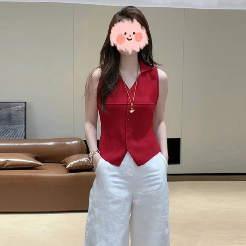 夏季新款POLO领无袖修身显瘦针织衫女时尚设计感百搭好看减龄上衣