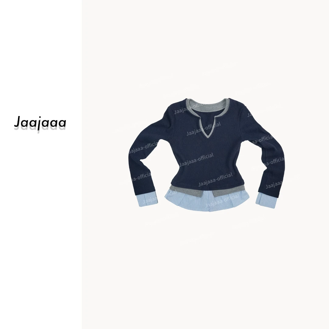 JaajaaaV领常规韩版冬季毛衫时尚拼接假三件毛针织衫休闲风