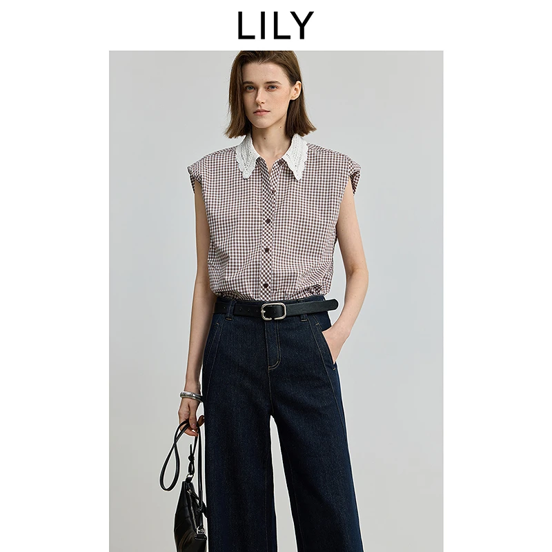 【一秒入夏】LILY2025夏季新款全棉复古格纹镂空衬衫女125249C4976