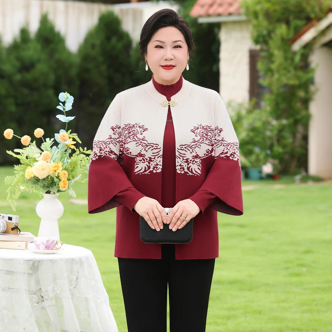 妈妈秋装新款套装针织开衫毛衣半高领打底衫中老年奶奶衣服一整套